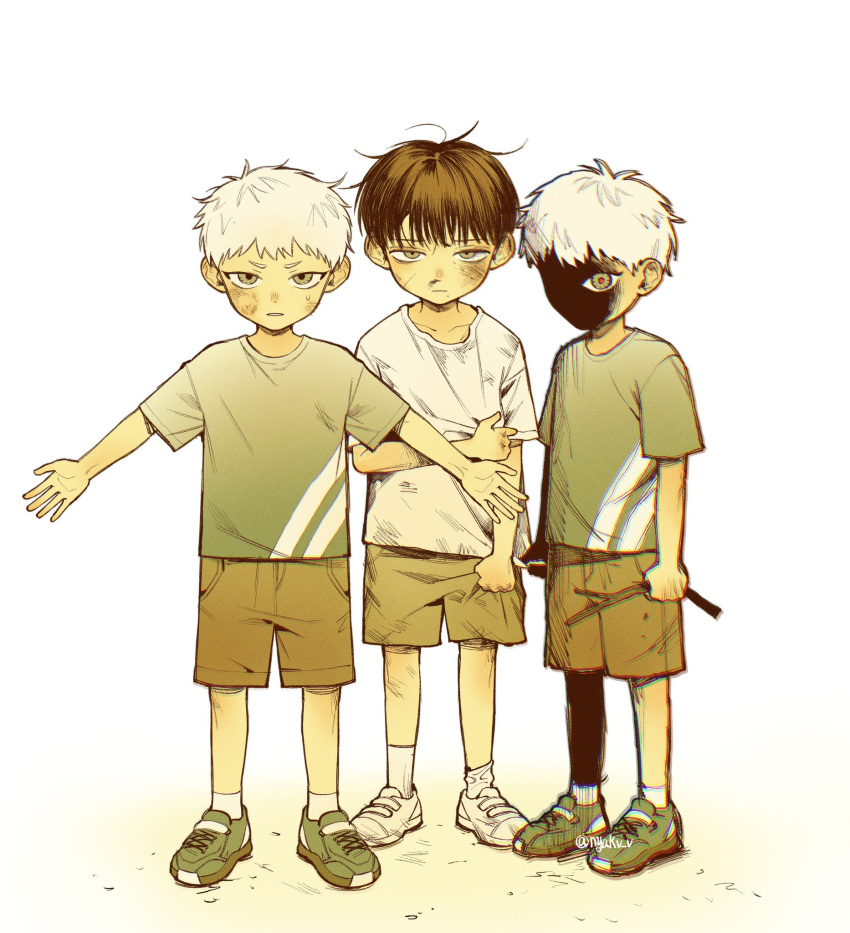 3boys, alternate_costume, black_hair, bruise, bruise_on_face, child, dirty, dirty_clothes