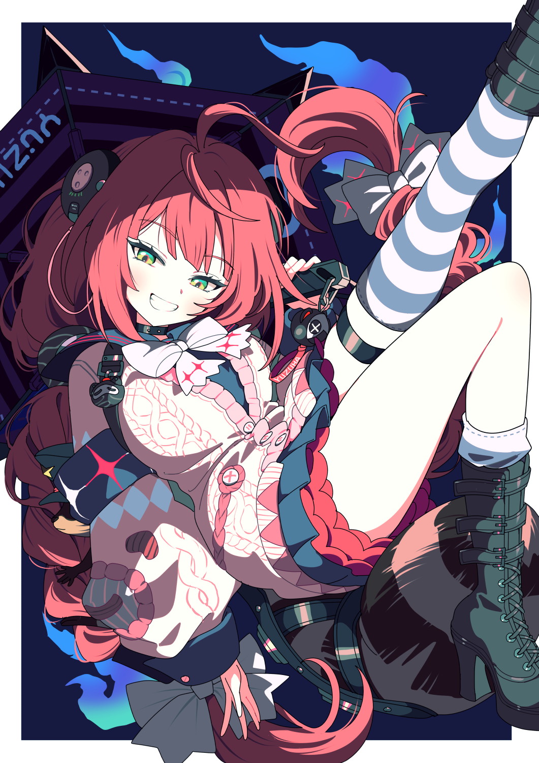 1girl, asymmetrical_legwear, black_boots, boots, bow, clenched_teeth, green_eyes, grin, hair_between_eyes, hair_bow, high_heel_boots, high_heels, highres, long_hair, long_sleeves, looking_at_viewer, loose_thighhigh, nichaku, red_hair, revision, single_thighhigh, smile, solo, striped_clothes, striped_thighhighs, teeth, thigh-highs, thigh_strap, thighs, ukinami_yuzuha, uneven_legwear, very_long_hair, white_bow, zenless_zone_zero