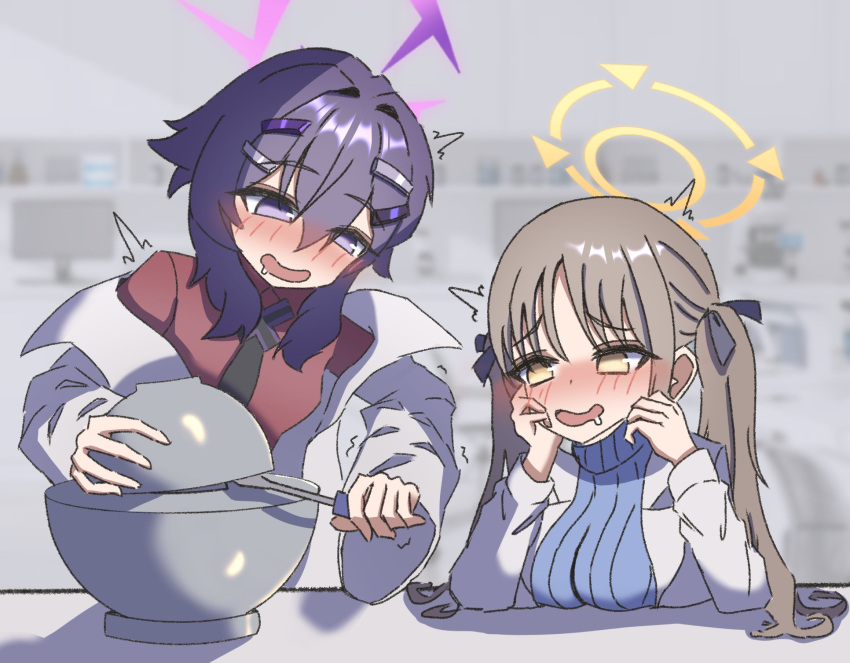 2girls, ayo5108, blue_archive, blush, breasts, brown_hair, demon_core, hair_between_eyes