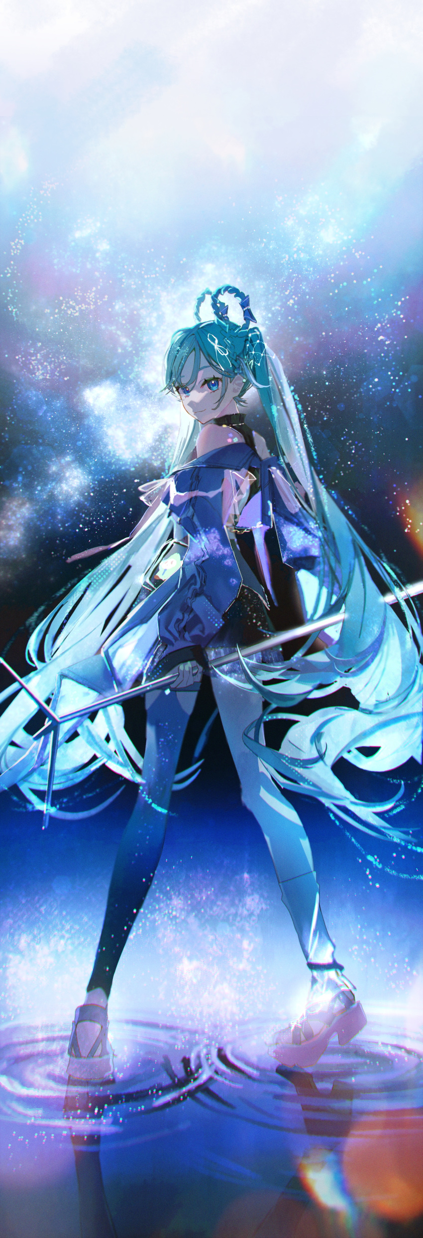 1girl, absurdres, aqua_hair, aqua_nails, blue_eyes, blue_jacket, blue_thighhighs, braid, braided_hair_rings, closed_mouth, full_body, hair_between_eyes, hair_ornament, hair_rings, hatsune_miku, highres, holding, holding_microphone_stand, jacket, karanagare, leg_warmers, long_hair, long_sleeves, looking_at_viewer, looking_back, lustrous_(vocaloid), magical_mirai_(vocaloid), magical_mirai_miku, magical_mirai_miku_(2025), microphone_stand, miku_day, night, night_sky, official_alternate_costume, official_alternate_hairstyle, single_leg_warmer, single_thighhigh, sky, smile, solo, star_(sky), starry_sky, thigh-highs, twintails, very_long_hair, vocaloid