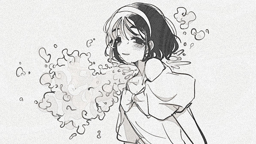 1girl, alien_stage, alternate_body_fluid, bob_cut, commentary, dress, greyscale, hairband