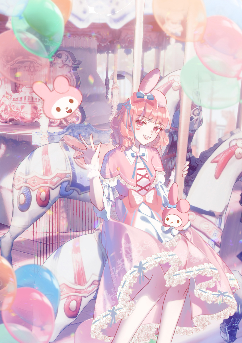 1girl, absurdres, animal_ears, balloon, blue_bow, blue_ribbon, blunt_bangs, bow