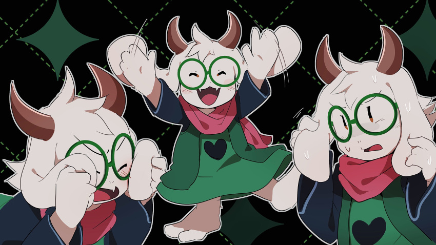 1boy, black_background, brown_hair, closed_eyes, commentary_request, deltarune, fangs, furry, furry_male, glasses, goat_boy, goat_horns, green-framed_eyewear, green_robe, highres, horns, male_focus, multiple_views, open_mouth, pink_scarf, ralsei, robe, round_eyewear, scarf, smile, uri_(365mimimi), white_fur