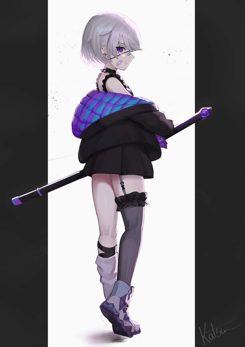 1girl, absurdres, bandaid, bandaid_on_cheek, bandaid_on_face, bandaid_on_nose, black_jacket, black_skirt