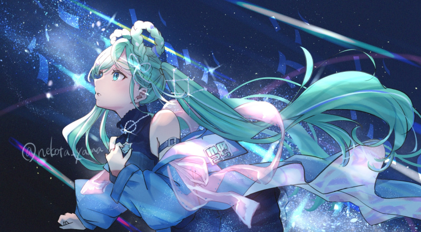 1girl, aqua_eyes, aqua_hair, blue_jacket, braid, braided_hair_rings, crop_top, hair_rings