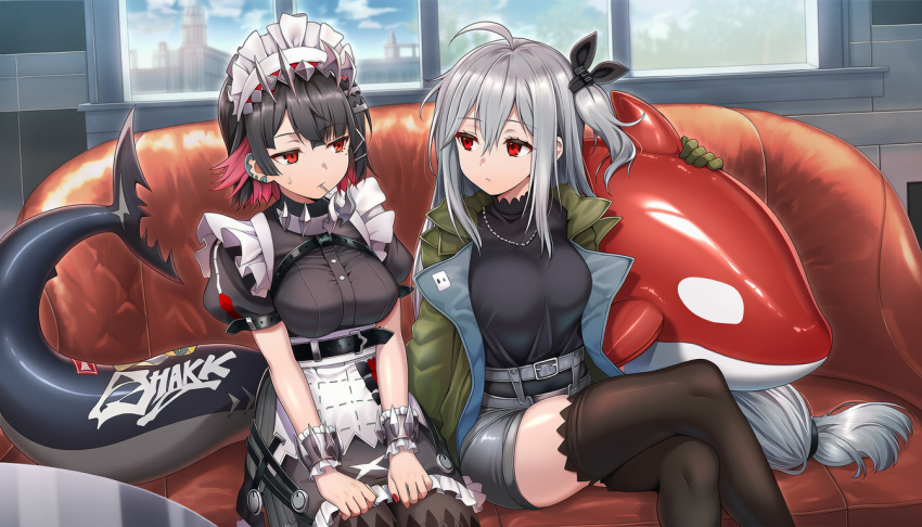 2girls, apron, arknights, black_dress, black_hair, black_shirt, black_thighhighs, breasts
