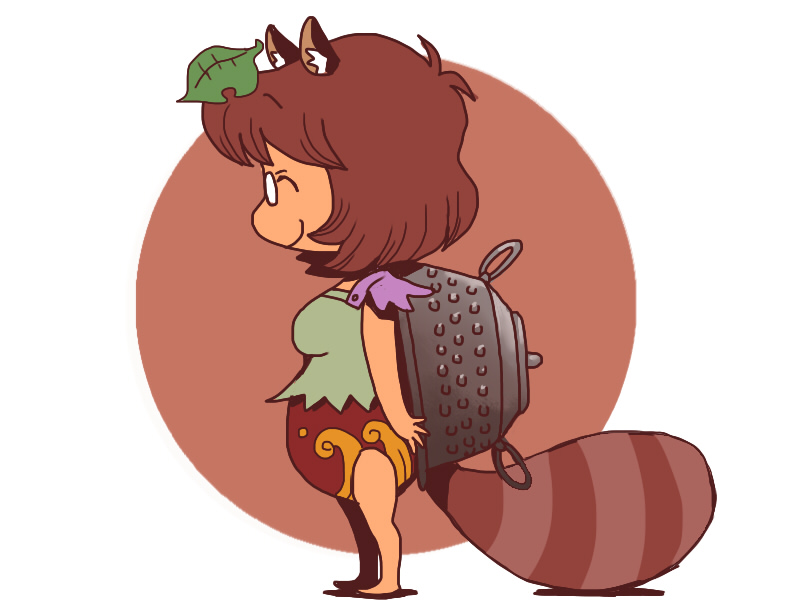 1girl, animal_ears, breasts, brown_background, brown_hair, brown_shorts, closed_eyes, closed_mouth, colander, commentary_request, full_body, futatsuiwa_mamizou, green_shirt, leaf, leaf_on_head, medium_breasts, onikobe_rin, pince-nez, profile, raccoon_ears, raccoon_girl, raccoon_tail, shirt, short_hair, shorts, simple_background, smile, solo, standing, tail, touhou, two-tone_background, white_background