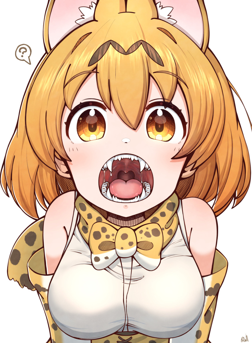 1girl, ?, animal_ears, animal_print, bare_shoulders, blonde_hair, bow, bowtie
