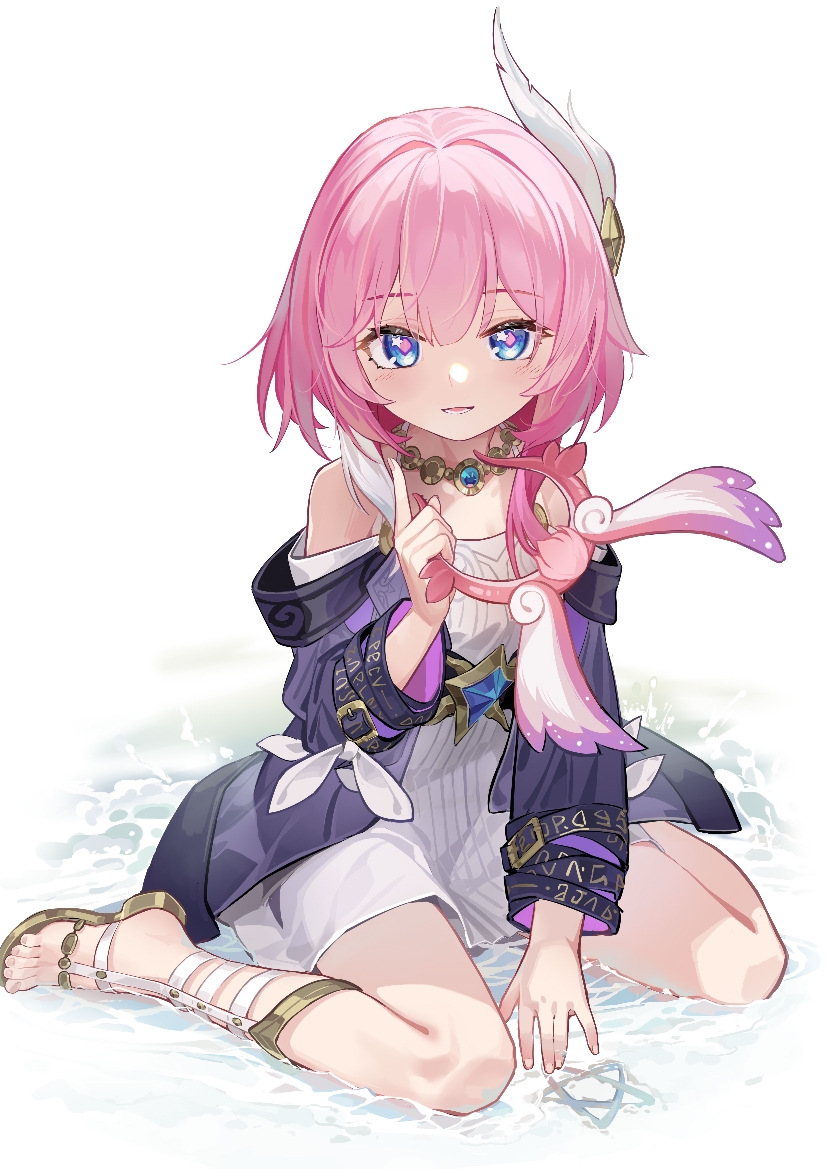 1girl, bare_shoulders, blue_eyes, breasts, coat, commentary_request, cyrene_(honkai:_star_rail), drawing_on_snow, dress, hair_ornament, honkai:_star_rail, honkai_(series), jewelry, looking_at_viewer, medium_hair, necklace, parted_lips, pink_hair, purple_coat, sandals, simple_background, sitting, small_breasts, solo, toes, wariza, white_background, white_dress, white_hair, xingqiba_(974528265)