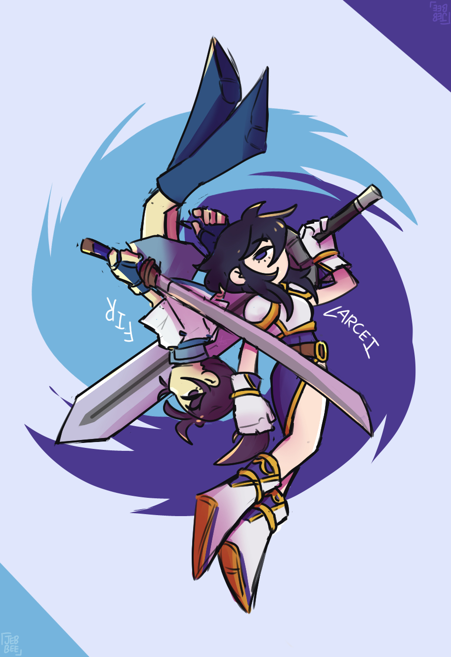 2girls, armor, black_hair, boots, breastplate, english_text, fingerless_gloves, fir_(fire_emblem)