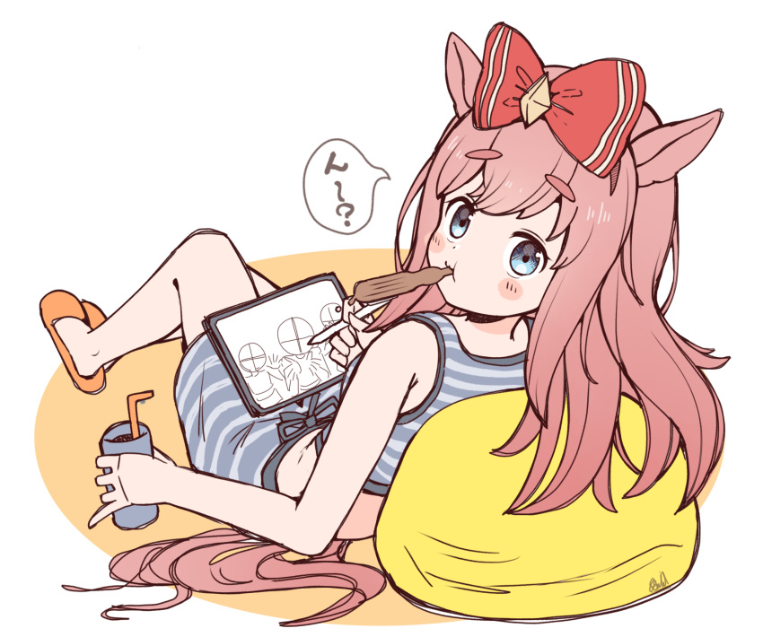 1girl, agnes_digital_(umamusume), animal_ears, bare_shoulders, bendy_straw, blue_eyes, blush_stickers, bow