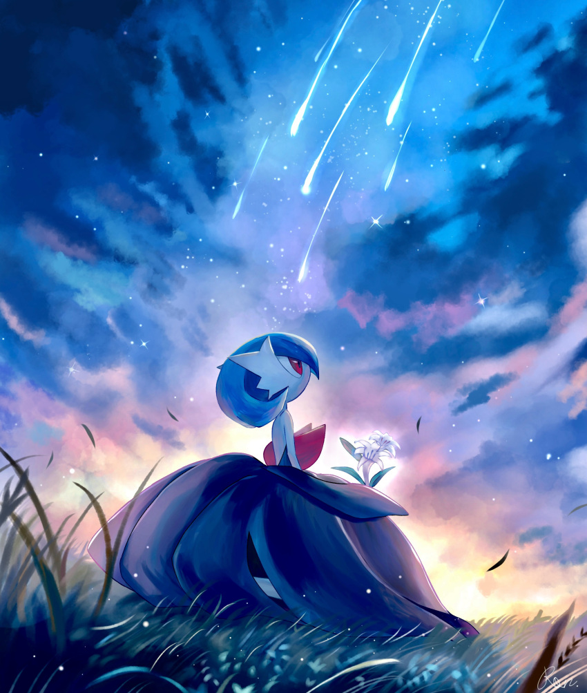alternate_color, black_dress, black_gloves, black_skirt, blade_of_grass, blue_hair, blue_sky, bob_cut, colored_skin, dress, elbow_gloves, flower, from_side, gardevoir, gloves, highres, holding, holding_flower, looking_up, mega_gardevoir, mega_pokemon, no_mouth, on_grass, pokemon, pokemon_(creature), profile, red_eyes, rongai28, shiny_pokemon, shooting_star, short_hair, skirt, sky, star_(sky), starry_sky, strapless, strapless_dress, sunset, white_skin