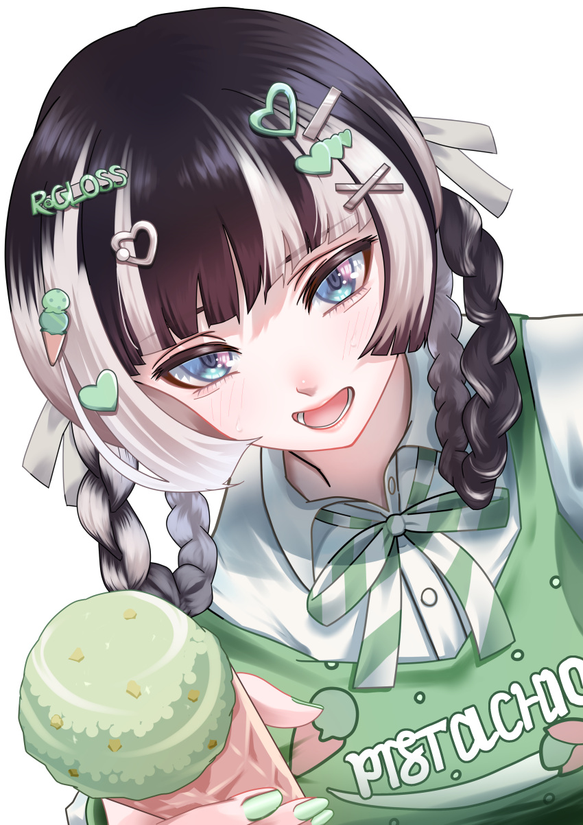 1girl, absurdres, blue_eyes, blush, bow, braid, collared_shirt, commentary_request