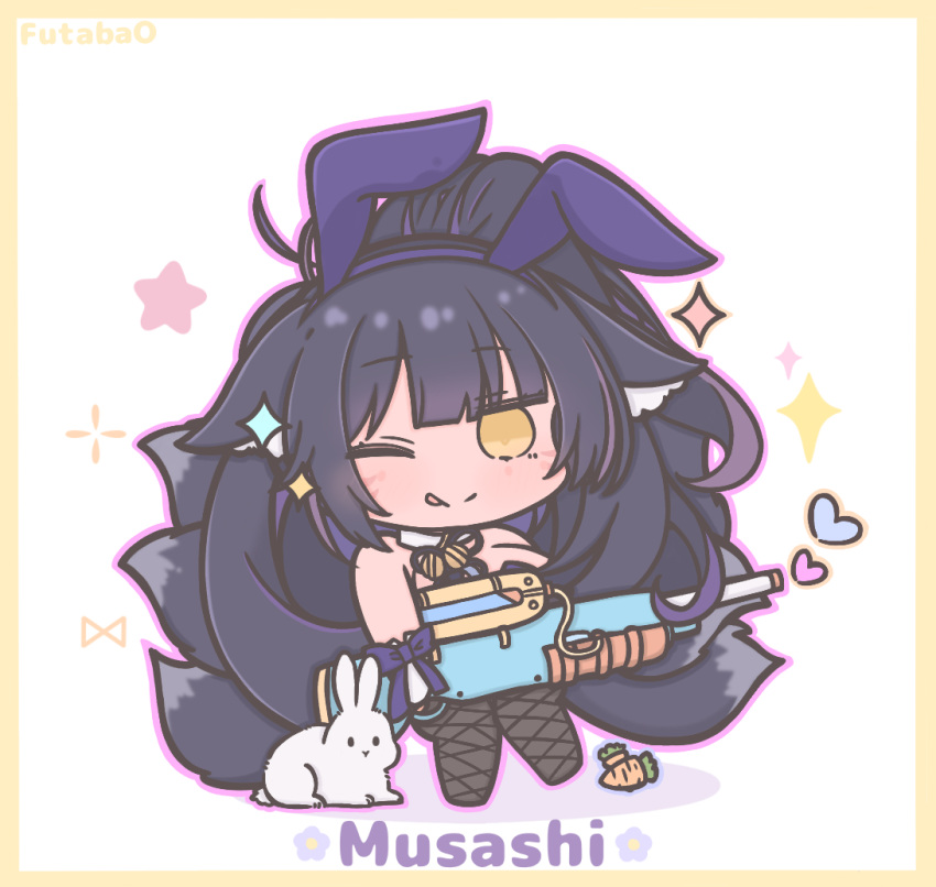 1girl, ;q, animal_ears, azur_lane, black_hair, character_name, chibi, chibi_only