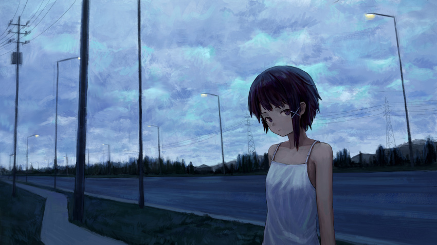 1girl, absurdres, an_yb, asymmetrical_hair, bare_shoulders, black_eyes, black_hair, building, camisole, chemise, closed_mouth, clouds, cloudy_sky, commentary, expressionless, grass, hair_ornament, hairclip, highres, iwakura_lain, lamppost, looking_at_viewer, outdoors, power_lines, road, scenery, serial_experiments_lain, short_hair, sidewalk, sideways_glance, single_sidelock, sky, solo, transformer, transmission_tower, tree, upper_body, utility_pole, white_camisole, x_hair_ornament