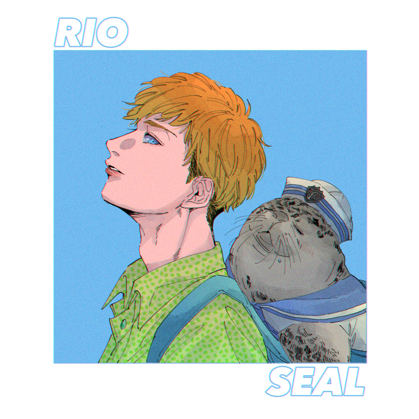 1boy, adam's_apple, amoanrou, animal, animal_name, blue_background, blue_eyes, border