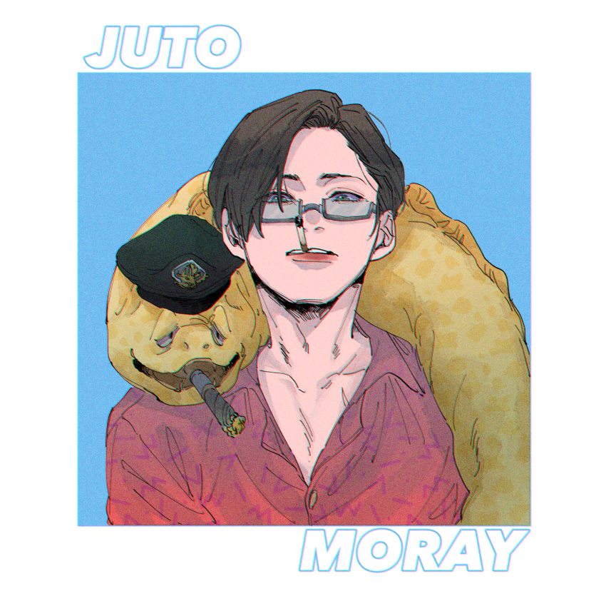 1boy, adam's_apple, amoanrou, animal, animal_around_neck, animal_name, asymmetrical_bangs, blue_background