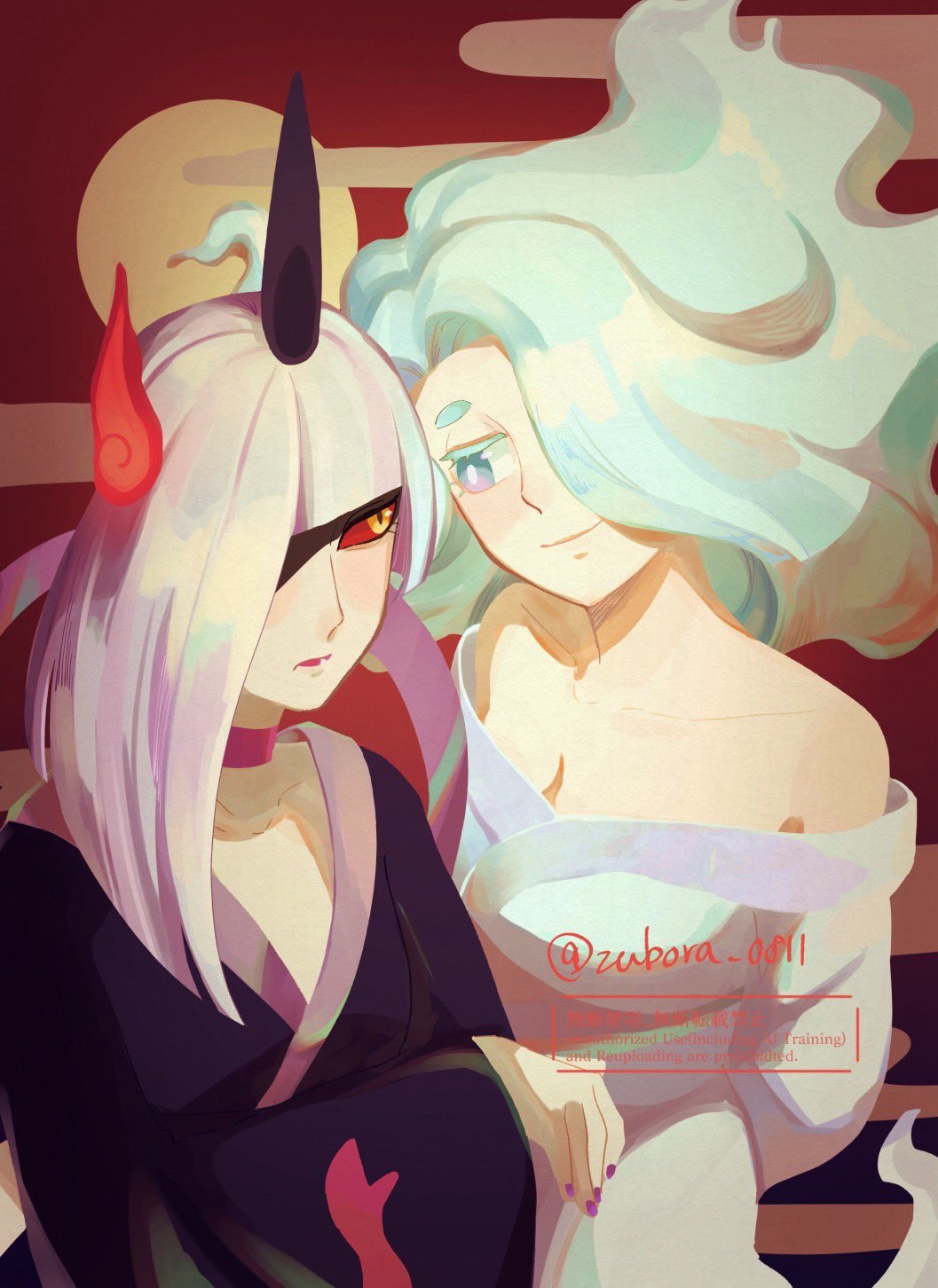 2girls, artist_name, bare_shoulders, black_horns, black_kimono, blue_eyes, blue_hair, bright_pupils, choker, colored_sclera, enraenra_(youkai_watch), fukai_(youkai_watch), hair_over_one_eye, highres, hitodama, horns, japanese_clothes, kimono, long_hair, multiple_girls, pink_choker, red_sclera, single_horn, watermark, white_pupils, yellow_eyes, youkai_(youkai_watch), youkai_watch, zubora_0811