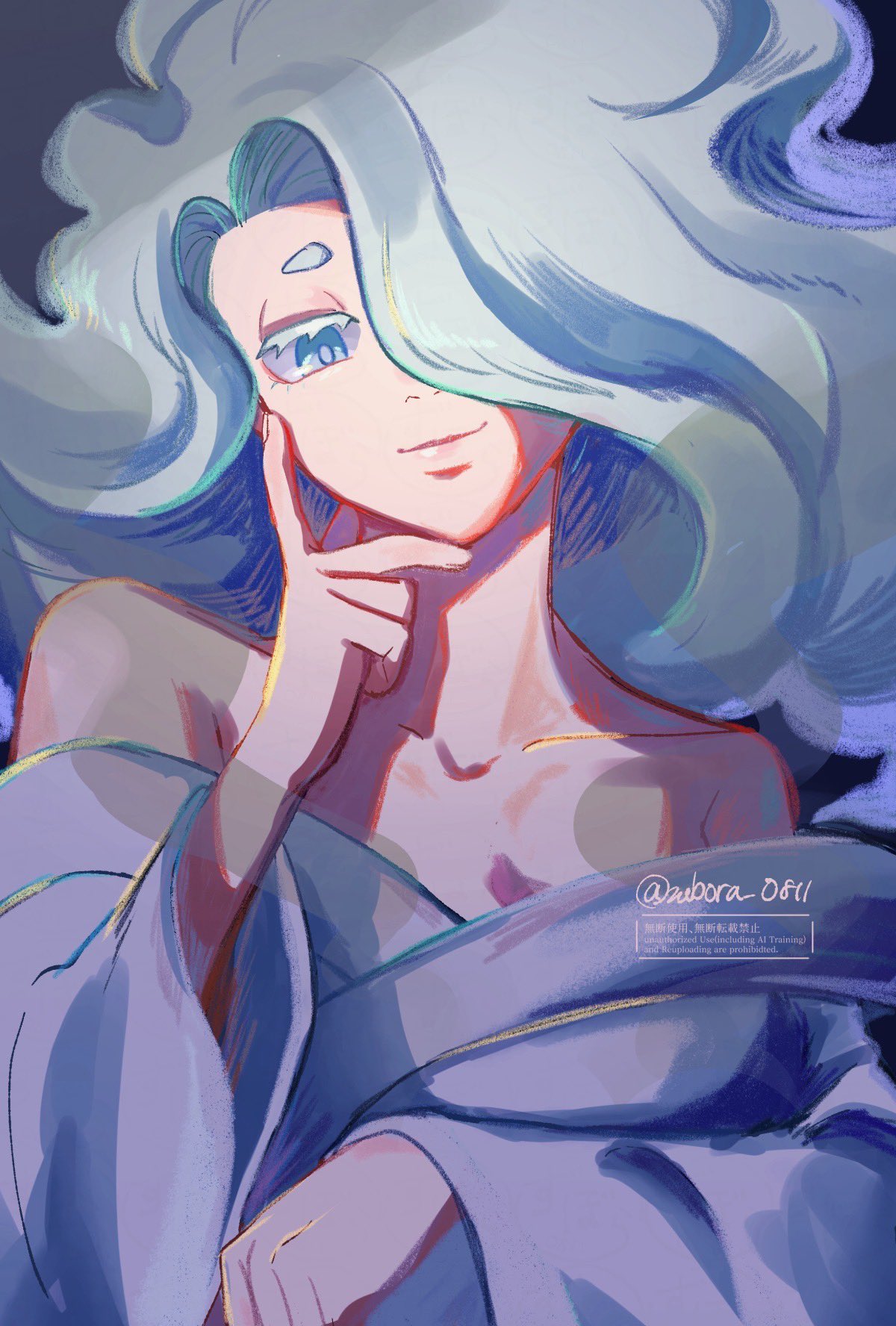 1girl, artist_name, bare_shoulders, blue_eyes, blue_hair, enraenra_(youkai_watch), hair_over_one_eye, highres