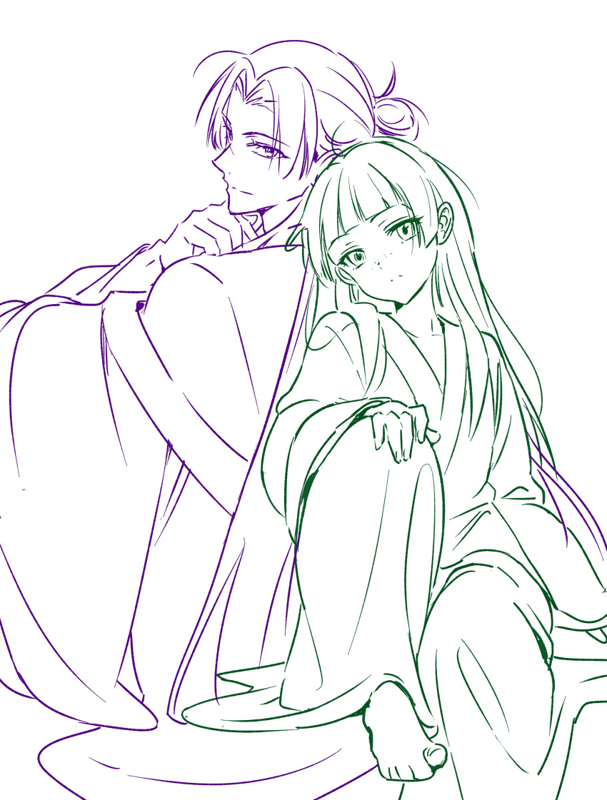 1boy, 1girl, absurdres, da-un_(du), green_outline, hair_bun, highres, jinshi_(kusuriya_no_hitorigoto)
