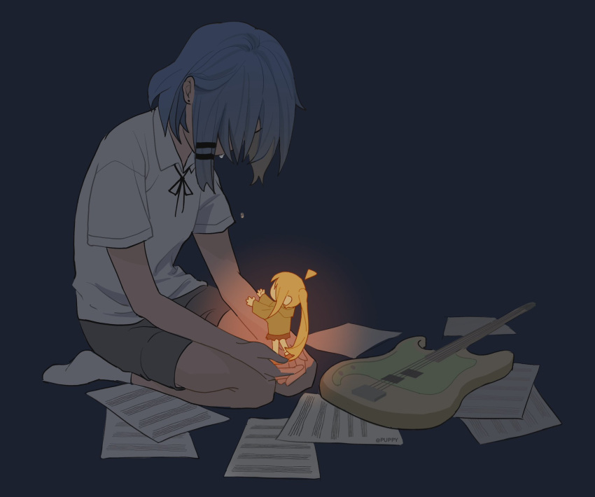 2girls, ahoge, bass_guitar, black_shorts, blonde_hair, blue_background, blue_hair, bocchi_the_rock!, crying, detached_ahoge, fender_precision_bass, glowing, hair_ornament, hairclip, highres, hood, hoodie, ijichi_nijika, instrument, kneeling, long_hair, long_sleeves, multiple_girls, ponytail, puppy_wooow, sheet_music, shirt, short_hair, short_sleeves, shorts, side_ponytail, simple_background, skirt, socks, tears, twitter_username, white_shirt, yamada_ryo