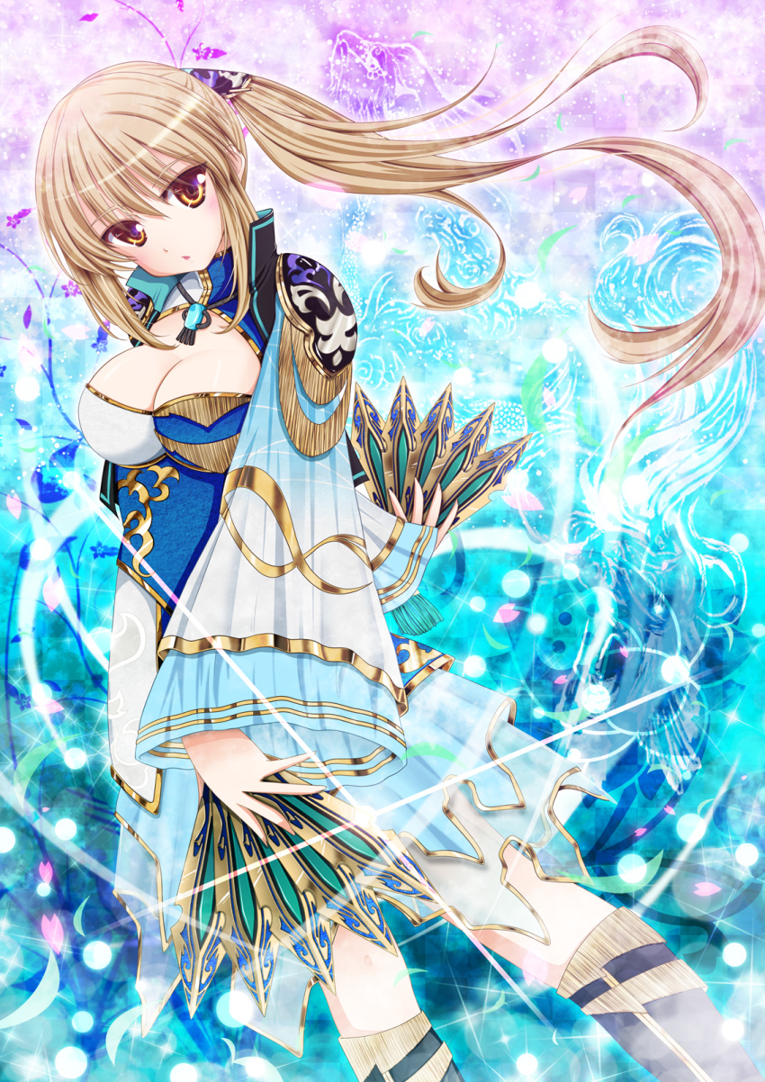 :o, boots, breasts, character_request, cleavage, fule, highres, knife, light_brown_hair, long_hair, necklace, ponytail, sakura_petals, sangoku_musou, shin_sangoku_musou, shin_sangoku_musou_6, shoulder_armor, solo, thigh-highs, thighhighs, wang_yuanji, yellow_eyes