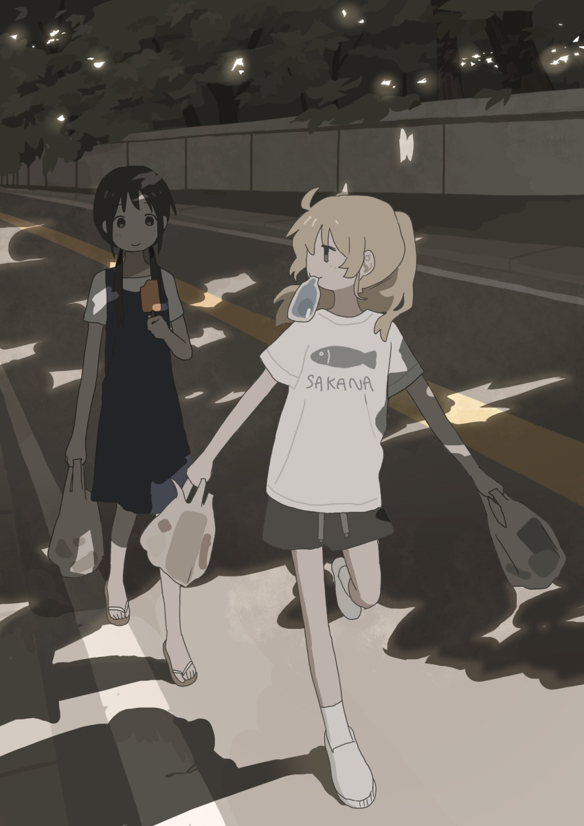 2girls, alternate_costume, animal_print, ankle_socks, bag, black_eyes, black_hair, black_shorts