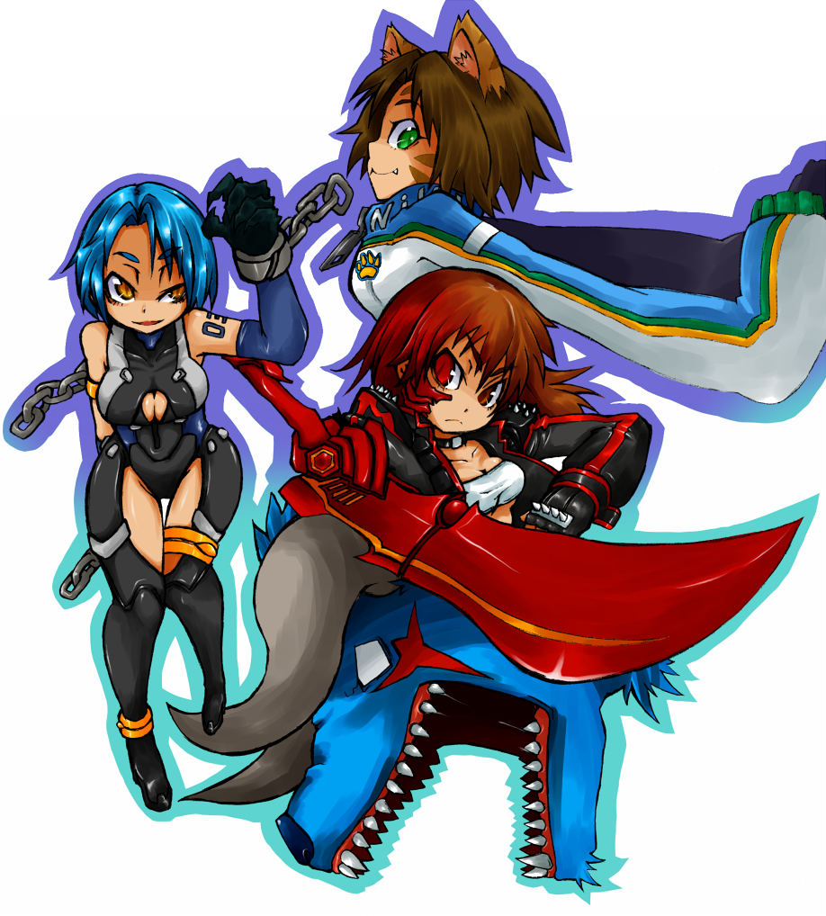 3girls, :3, animal_ears, black_legwear, bloody_roar, blue_hair, boots, breasts, brown_eyes, brown_hair, cat_ears, chain, chains, choker, coat, creature, fang, gloves, gradient_hair, green_eyes, haiiro_gundan, heterochromia, long_hair, multicolored_hair, multiple_girls, nagi_(bloody_roar), nonomura_uriko, red_eyes, red_hair, redhead, serious, short_hair, smile, sword, tattoo, thigh-highs, thighhighs, uranus_(bloody_roar), weapon, wrist_cuffs, yellow_eyes