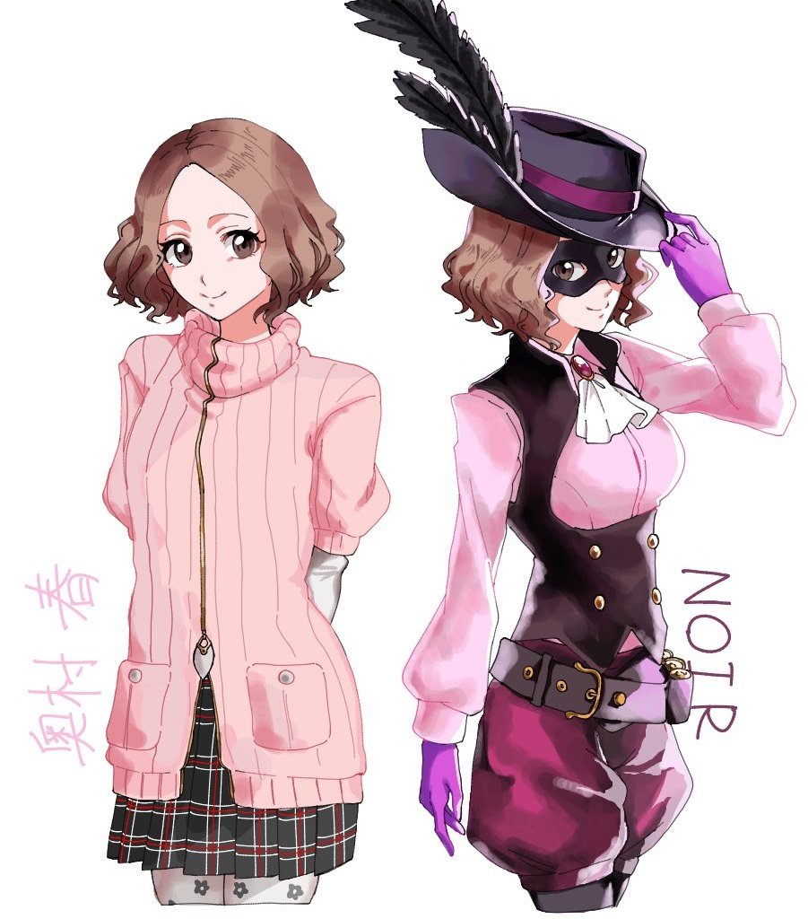 1girl, arms_behind_back, ascot, belt, black_belt, black_feathers, brown_eyes, brown_hair, character_name, closed_mouth, domino_mask, dual_persona, feathers, gloves, hat_feather, long_sleeves, looking_at_viewer, mask, noir_(persona_5), okumura_haru, persona, persona_5, pink_shirt, plaid_clothes, plaid_skirt, pleated_skirt, purple_gloves, r5oaz, shirt, short_hair, skirt, smile, sweater, turtleneck, turtleneck_sweater, white_ascot, white_background