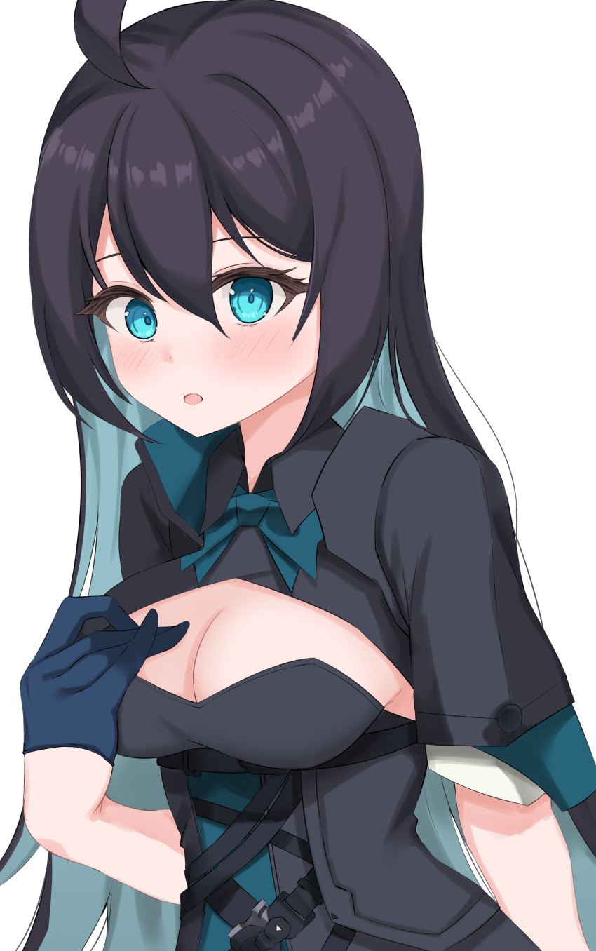 1girl, absurdres, belt, black_belt, black_dress, black_hair, blue_eyes, blush