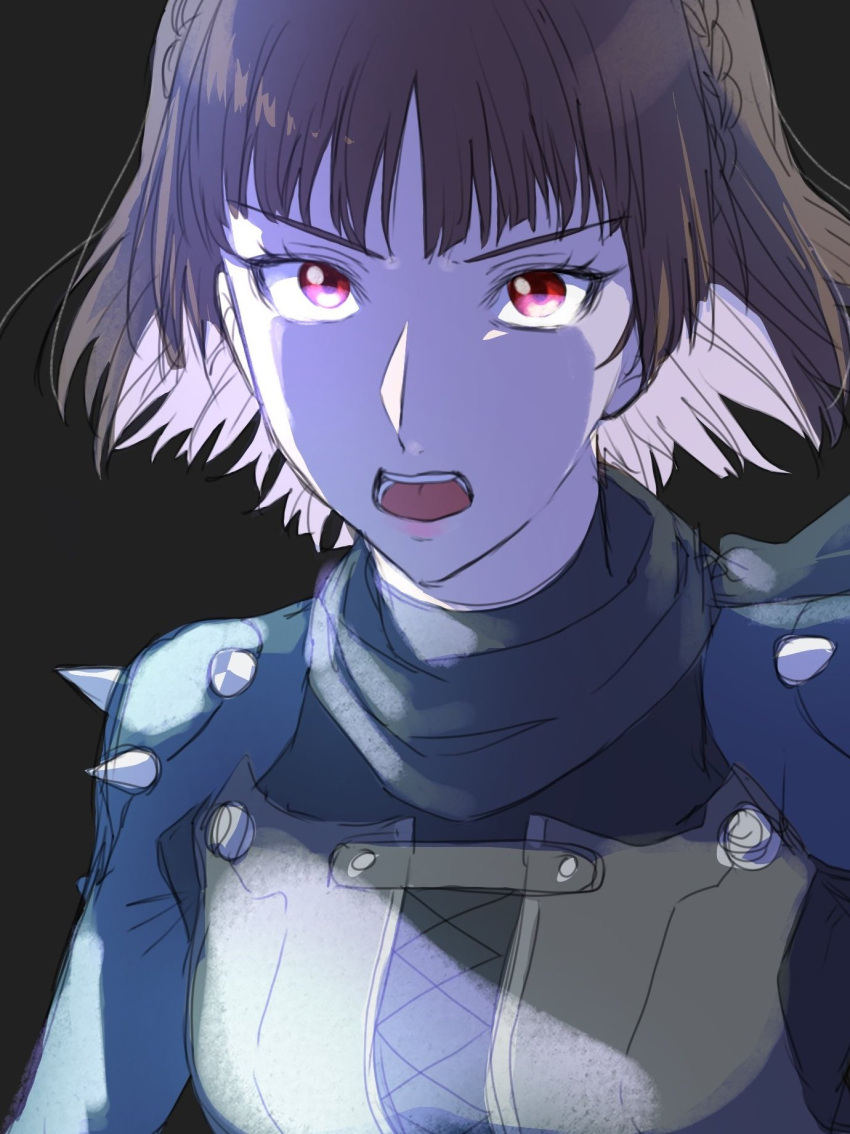 1girl, black_background, braid, brown_hair, crown_braid, eyelashes, highres, looking_at_viewer, niijima_makoto, open_mouth, persona, persona_5, queen_(persona_5), r5oaz, red_eyes, short_hair, shoulder_spikes, solo, spikes, teeth, upper_body