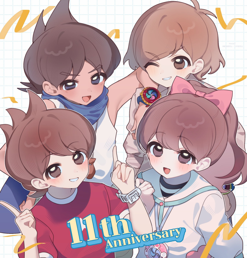 1girl, 3boys, amano_keita, anniversary, blue_cape, bow, brown_eyes, brown_hair