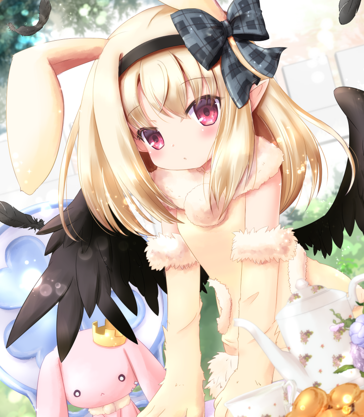 1girl, akino_sakura, animal_ear_headwear, animal_hands, black_feathers, black_hairband, black_ribbon, black_wings, blonde_hair, capelet, crown, cup, dark_feather_alma, dress, elbow_gloves, emil_chronicle_online, feathers, garden, gloves, hairband, pointy_ears, red_eyes, ribbon, stuffed_toy, teacup, teapot, wings, yellow_dress, yellow_gloves