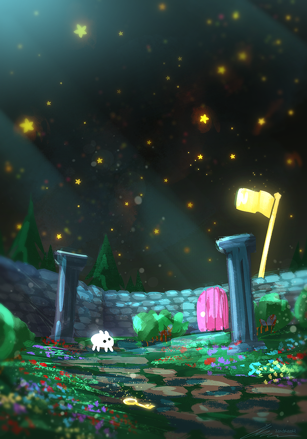 baba_(baba_is_you), baba_is_you, bush, column, creature, door, flag, flower