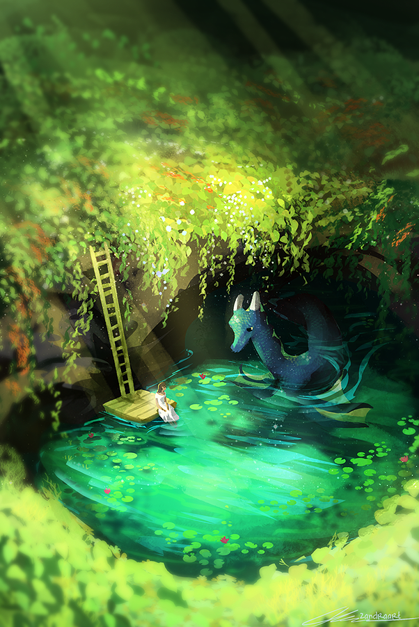 1girl, cave, dress, faceless, flower, ladder, landscape, light_rays