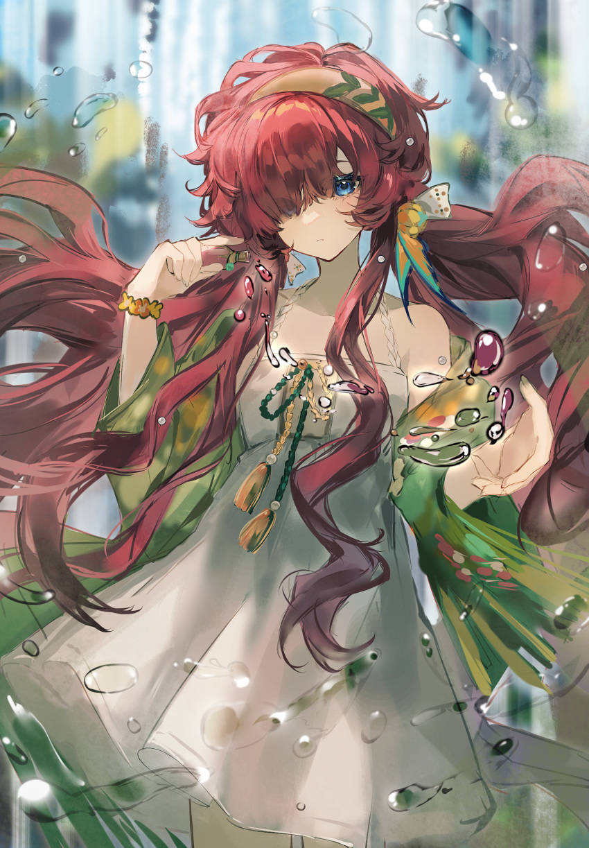1girl, bare_shoulders, blue_eyes, blurry, blurry_background, capelet, closed_mouth, cowboy_shot, dress, floating_hair, green_capelet, green_hairband, hair_over_one_eye, hairband, hands_up, highres, hydrokinesis, jiaoliu_kongjuzheng, long_hair, looking_at_viewer, official_alternate_costume, one_eye_covered, red_hair, reverse:1999, short_dress, sleeveless, sleeveless_dress, solo, very_long_hair, water, water_drop, white_dress, yenisei_(around_the_riverbend)_(reverse:1999), yenisei_(reverse:1999)