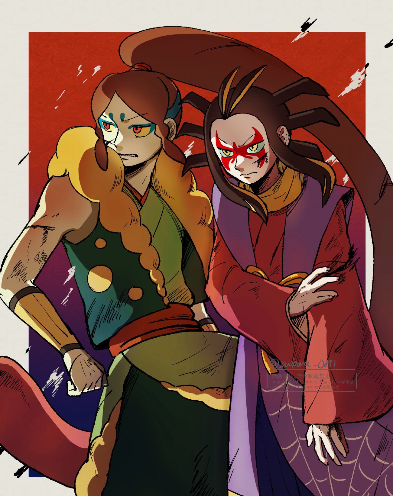 2boys, artist_name, blue_eyeshadow, brown_hair, colored_sclera, eyeshadow, highres, japanese_clothes