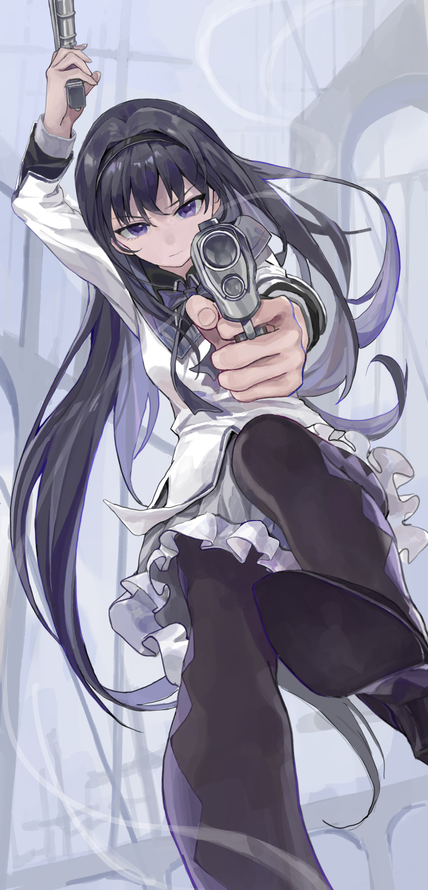 1girl, absurdres, aiming, aiming_at_viewer, akemi_homura, akemi_homura_(magical_girl), argyle_clothes, argyle_pantyhose