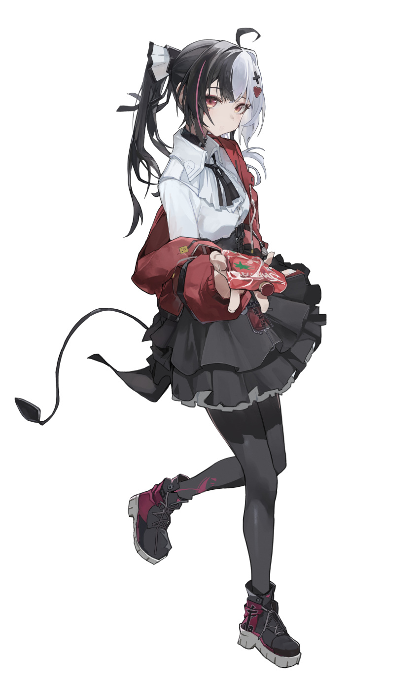 1girl, absurdres, ahoge, black_hair, black_pantyhose, black_ribbon, black_skirt, boots