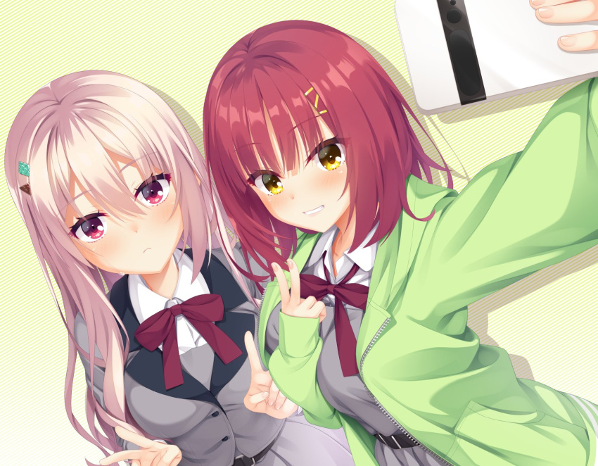 2girls, 8kumagawa_(log), belt, black_belt, blunt_bangs, blush, bow, bowtie