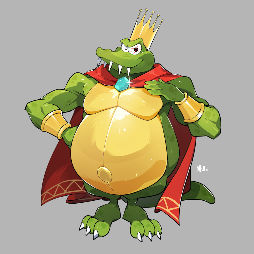 1boy, bloodshot_eyes, cape, colored_skin, crocodilian, crown, donkey_kong_(series), donkey_kong_country