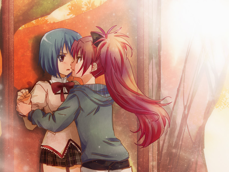 against_wall, akari_seisuke, blue_eyes, blue_hair, blush, bow, face-to-face, face_to_face