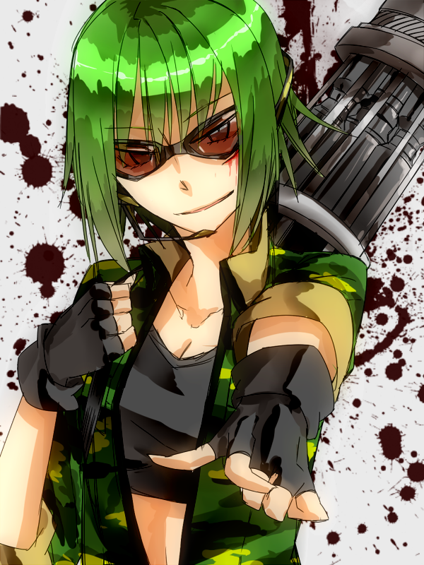 bokura_no_16bit_warz_(vocaloid), camouflage, cuts, fingerless_gloves, gatling_gun, glasses, gloves, green_hair, gumi, gun, injury, karori, karori_(c-side), midriff, smirk, sunglasses, vocaloid, weapon