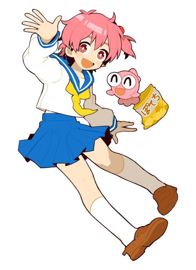 :d, :p, closed_eyes, eyes_closed, fish, food, gyopi, hal_(artist), happy, kingyo_chuuihou!, kneehighs, loafers, necktie, open_mouth, pink_eyes, pink_hair, pleated_skirt, school_uniform, shoes, short_hair, side_ponytail, skirt, smile, tongue, wapiko, white_legwear