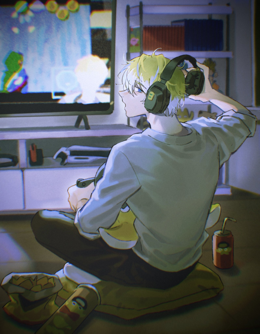 1boy, blonde_hair, blue_eyes, can, commentary, dragon_ball, figure, flat_screen_tv