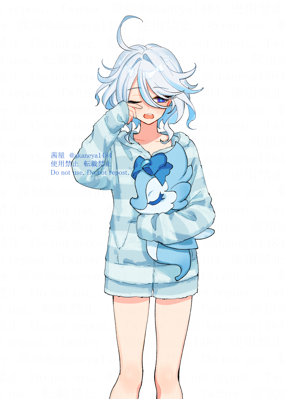 1girl, blue_eyes, blue_hair, furina_(genshin_impact), genshin_impact, hair_between_eyes, highres, long_sleeves, multicolored_hair, ojo_aa, one_eye_closed, open_mouth, pajamas, shorts, solo, streaked_hair, striped_clothes, striped_hood, striped_pajamas, striped_shorts, surintendante_chevalmarin, white_background, white_hair