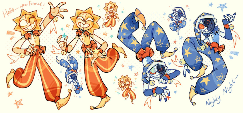 2boys, achelstar, blue_gloves, blue_hat, blue_nails, blue_pants, chibi, chibi_inset, closed_eyes, commentary_request, english_text, fingerless_gloves, five_nights_at_freddy's, five_nights_at_freddy's:_security_breach, gloves, grin, hat, highres, jester, jester_cap, male_focus, moon_(fnaf), multiple_boys, multiple_views, orange_eyes, orange_pants, pants, pointy_shoes, shoes, smile, star_(symbol), star_print, striped_clothes, striped_pants, sun_(fnaf), teeth, upside-down, white_eyes, yellow_pants, yellow_shoes