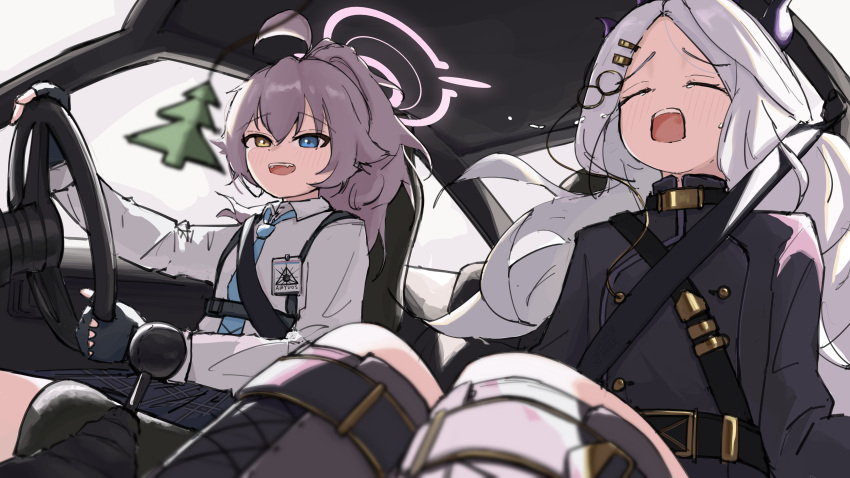 2girls, :d, absurdres, ahoge, air_freshener, black_boots, black_gloves, black_jacket