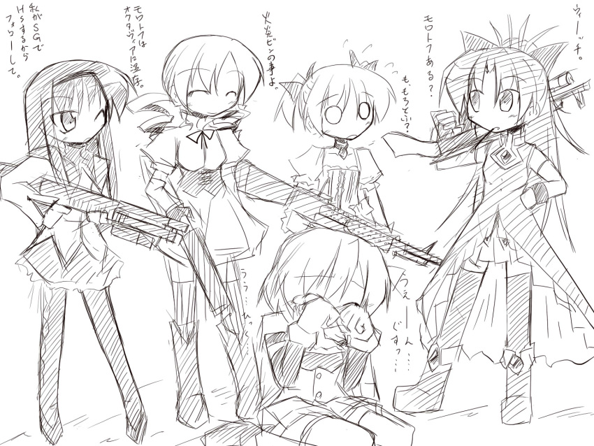 1dtsa, akemi_homura, gun, highres, ichidai_taisa, kaname_madoka, left_4_dead, long_hair, magical_girl, mahou_shoujo_madoka_magica, miki_sayaka, monochrome, multiple_girls, pantyhose, parody, ponytail, sakura_kyouko, short_hair, tears, thighhighs, tomoe_mami, translation_request, weapon, wink