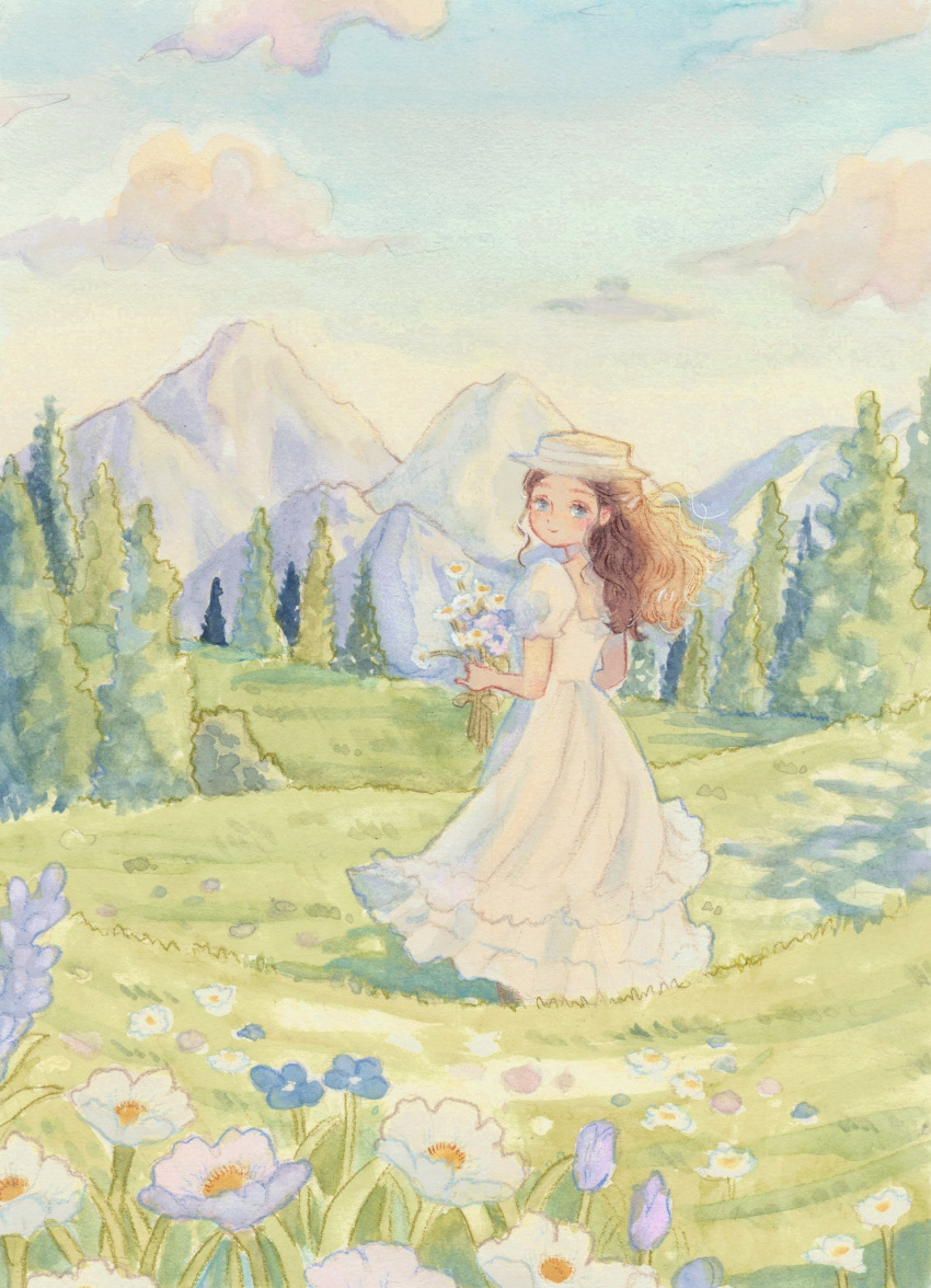 1girl, blue_flow, blue_flower, brown_hair, carrie_(carriedraw), dress, flower, grass